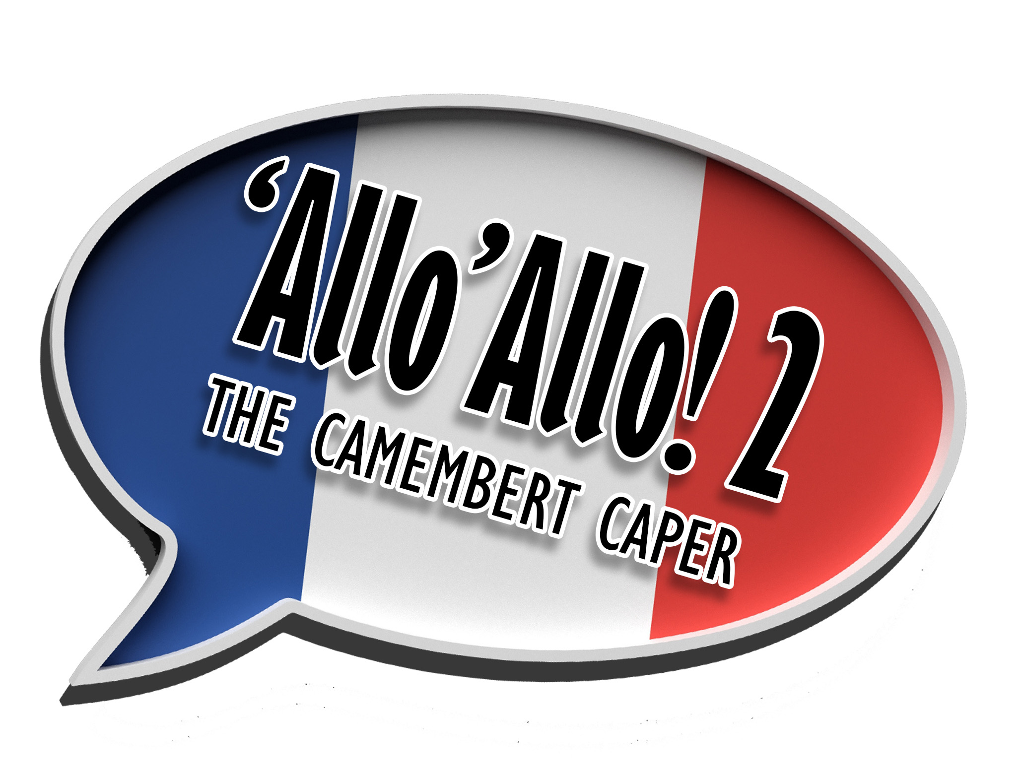 A speech bubble in french colours with the words Allo Allo 2 on it